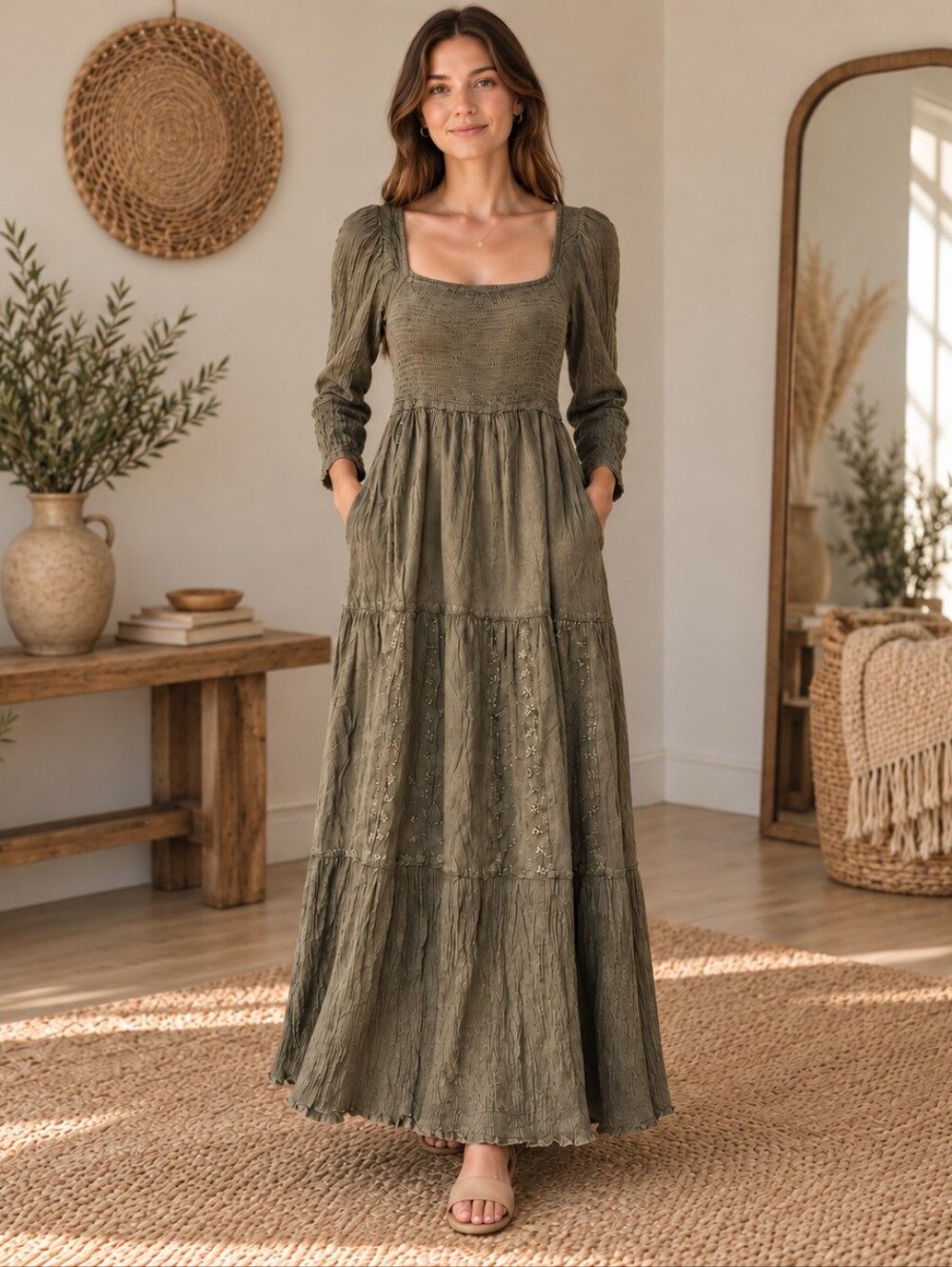 525.Young Threads Smocked Square-Neck Maxi Dress in Washed Olive Green